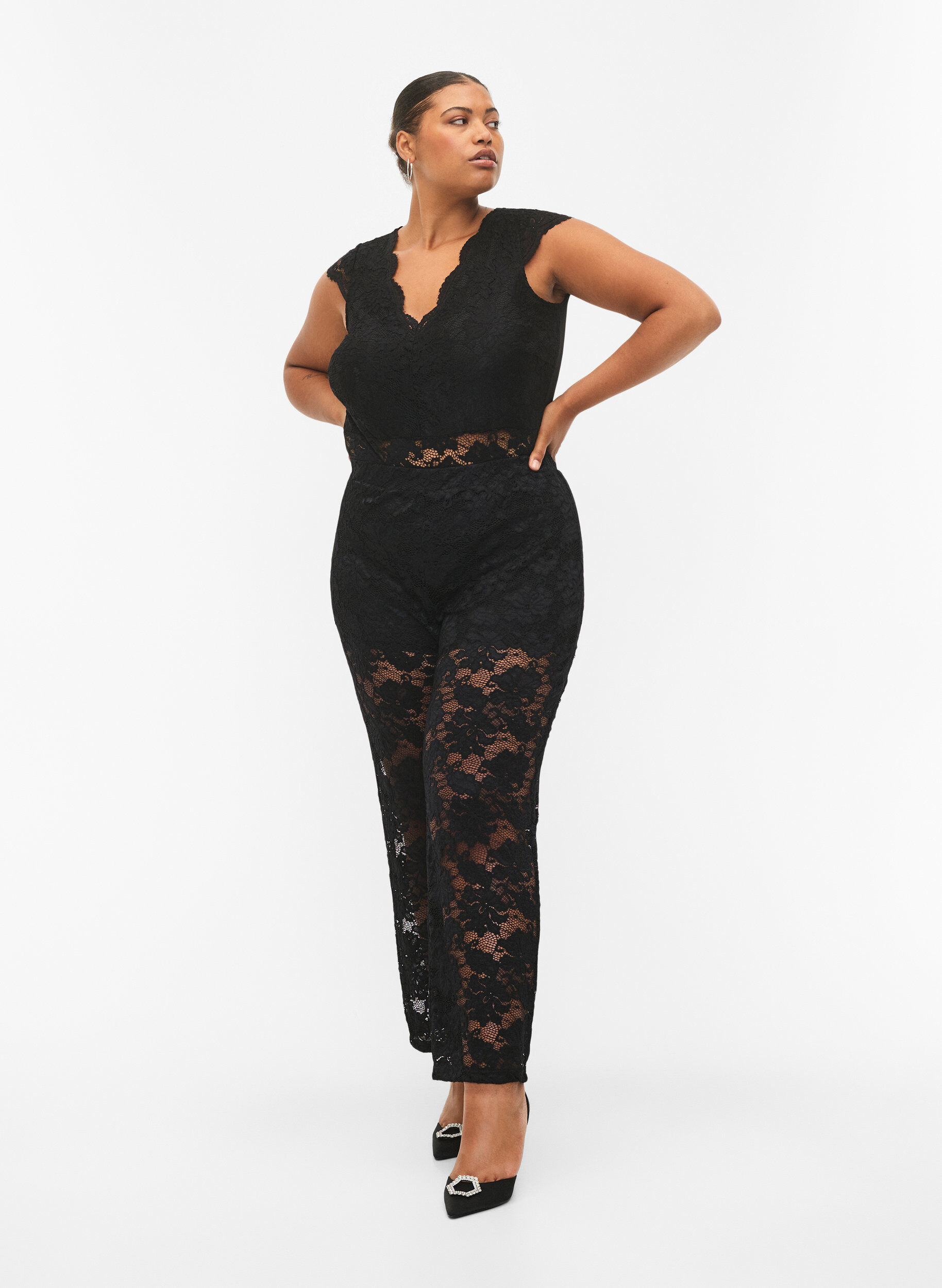 ZizziBodystocking mit Spitze und V-Ausschnitt, Black, Model image number 2