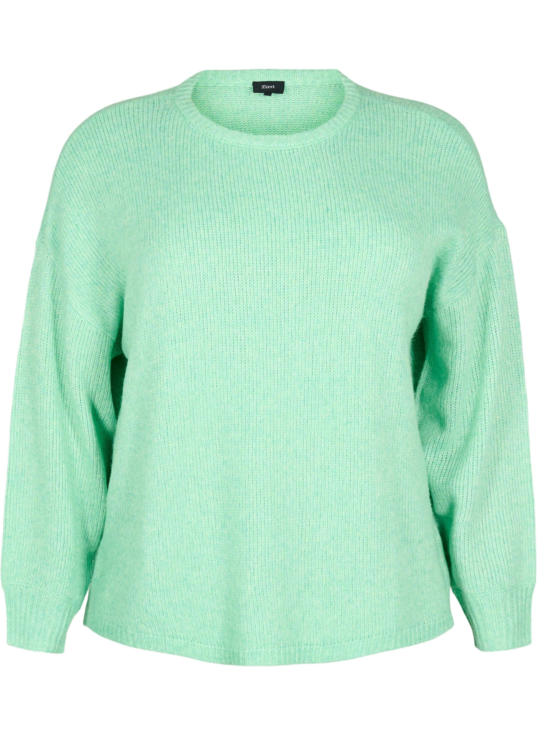 ZizziLang&auml;rmliger Strickpullover mit Wollanteil und Rundhalsausschnitt, Light G. Green Mel., Packshot image number 0