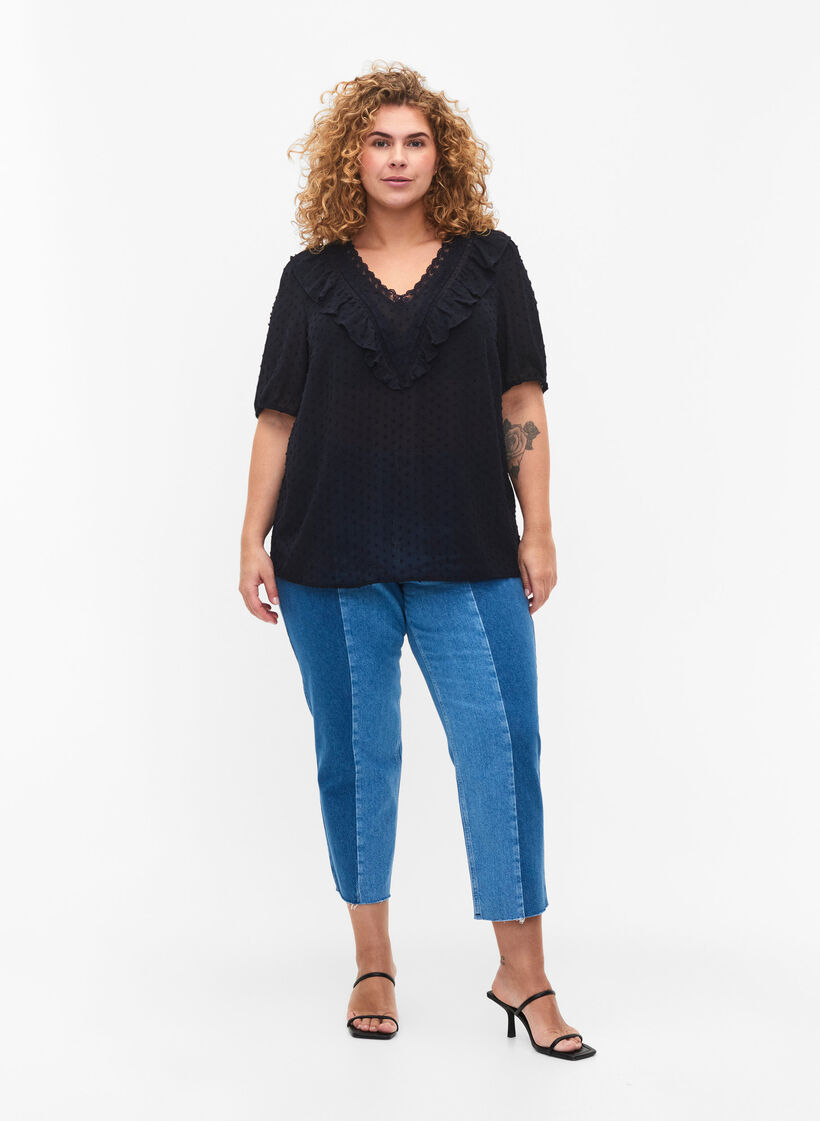 Bluse mit kurzen Ärmeln und gepunkteter Struktur, Night Sky, Model image number 2