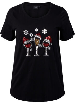 Weihnachts-T-Shirt mit Pailletten, Black w. Wine, Packshot image number 0
