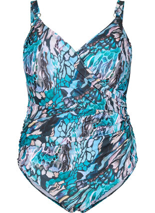 Badeanzug mit Print und Wickeleffekt, Blue Shell AOP, Packshot image number 0
