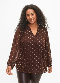 Bedruckte Bluse mit V-Ausschnitt, Fudge/Gold Dots, Model