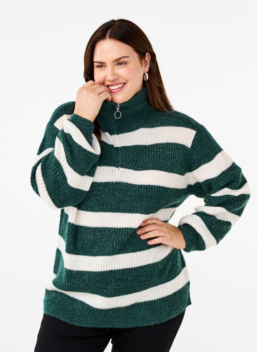 FLASH – Strickpullover mit hohem Kragen und Reißverschluss, Grün, Model image number 0