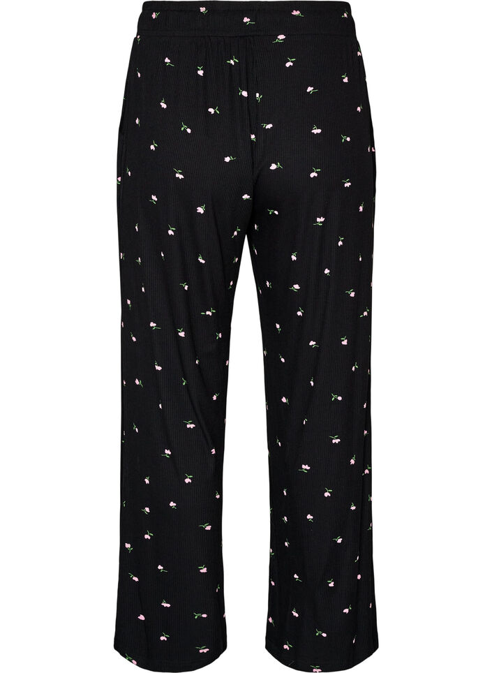 Pyjamahose mit Rippstruktur und gebl&uuml;mtem Print, Schwarz, Packshot image number 1