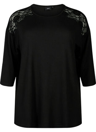 Bluse mit 3/4-Ärmeln und Spitzendetail, Black, Packshot image number 0