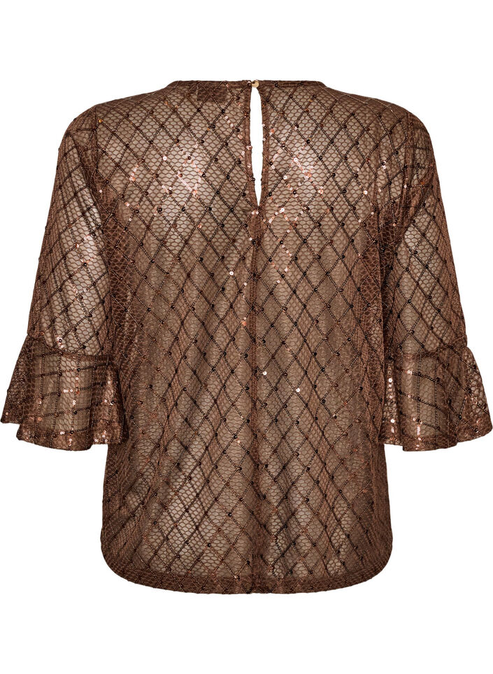 Transparente Bluse mit Pailletten und Rautenmuster, Braun, Packshot image number 1