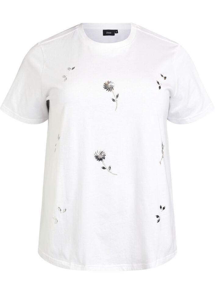 T-Shirt mit Pailletten-Blumen, Weiß, Packshot image number 0