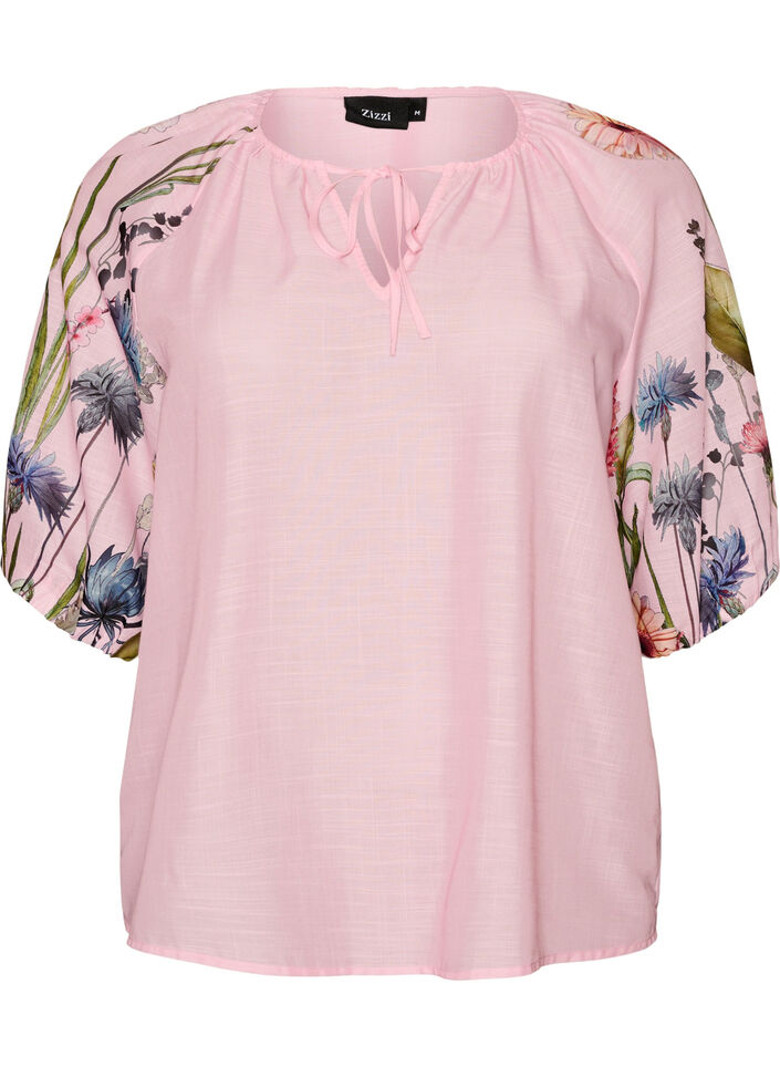 Bluse mit Bindedetail und gebl&uuml;mten &Auml;rmeln, Pink, Packshot