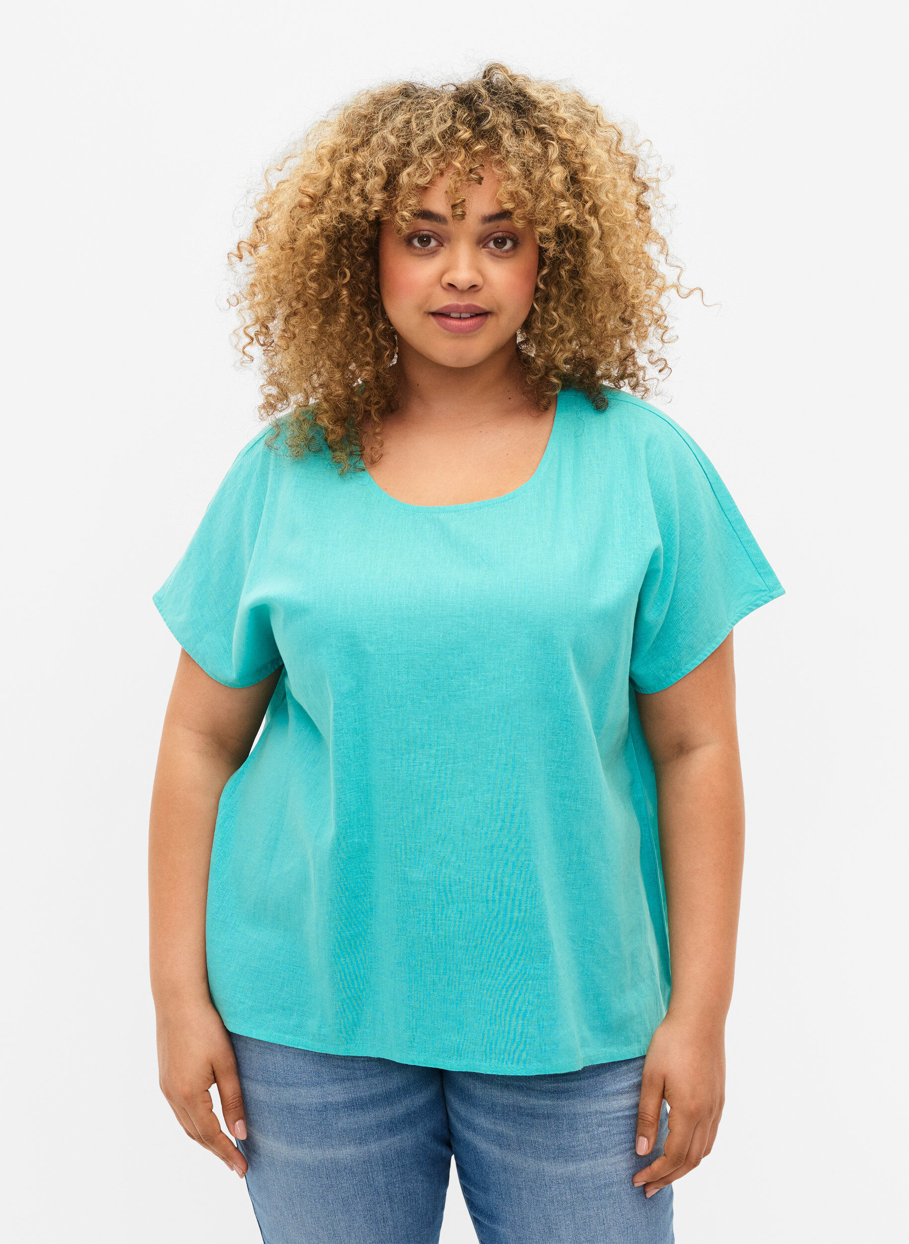 ZizziKurz&auml;rmelige Bluse aus Baumwollmischung mit Leinen, Turquoise, Model image number 0
