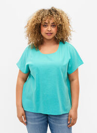 Kurzärmelige Bluse aus Baumwollmischung mit Leinen, Turquoise, Model