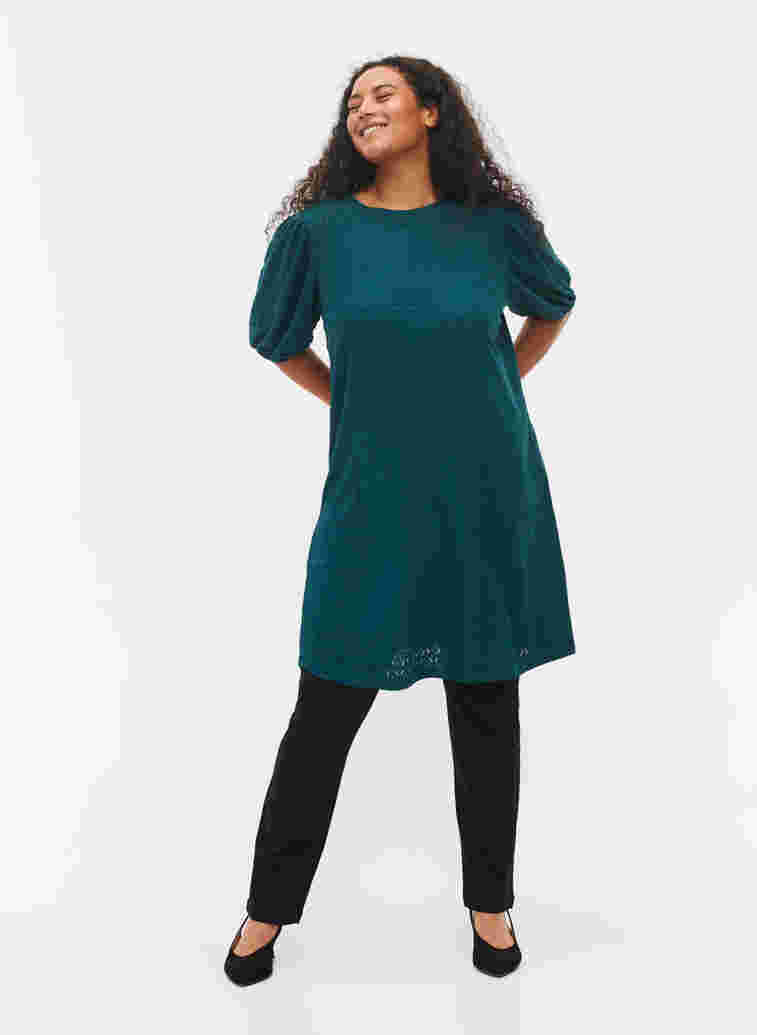 Kleid mit Strukturmuster und Ballonärmeln, Deep Teal, Model image number 2