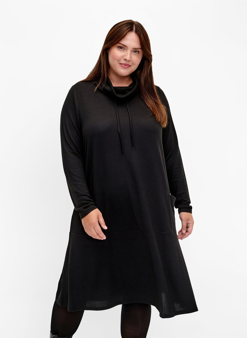 Hochgeschlossenes Jerseykleid mit Taschen, Schwarz, Model image number 0