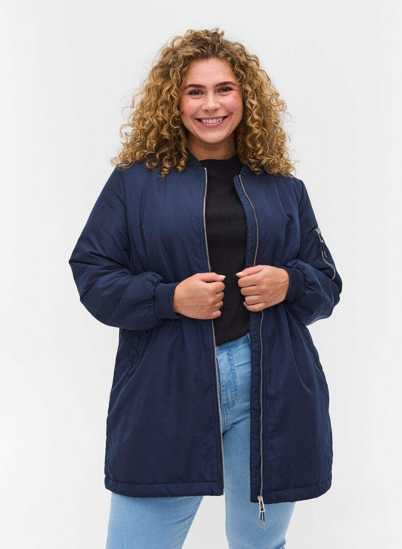 Lange Bomberjacke mit Taschen, Navy Blazer, Model image number 0
