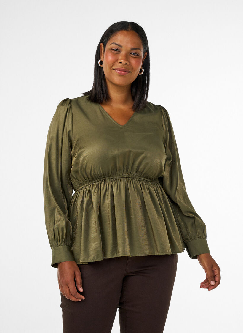 Gl&auml;nzende Bluse aus Viskose mit Peplum-Effekt, Gr&uuml;n, Model image number 0