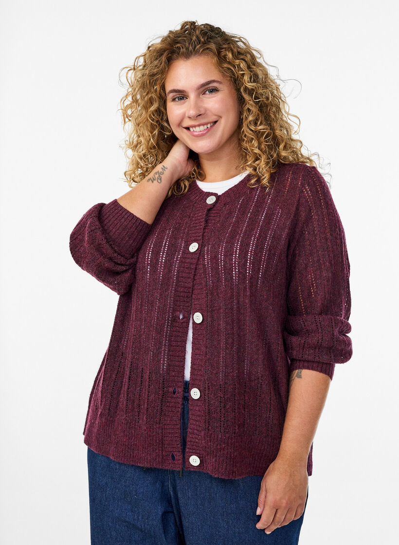 Gestrickter Cardigan mit Lochmuster, Dunkles Bordeaux, Model image number 0