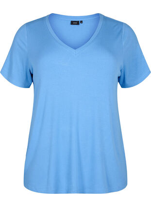 Geripptes T-Shirt aus Viskose mit V-Ausschnitt, Marina, Packshot image number 0