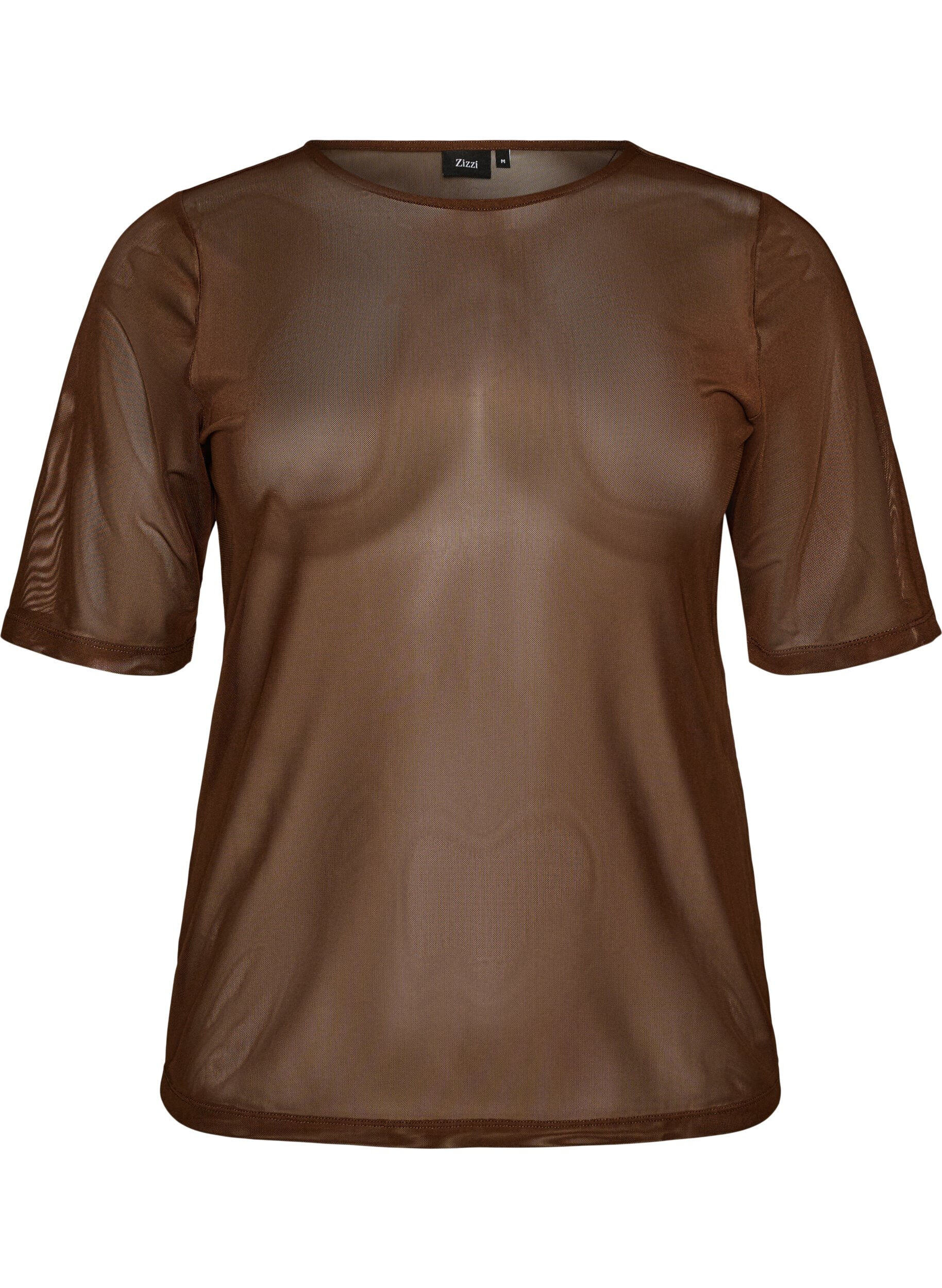 ZizziTop aus Mesh mit kurzen &Auml;rmeln und Rundhalsausschnitt, Braun, Packshot image number 0
