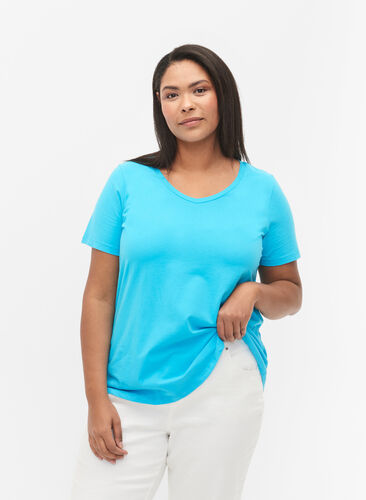 Einfarbiges basic T-Shirt aus Baumwolle, Blue Atoll, Model image number 0