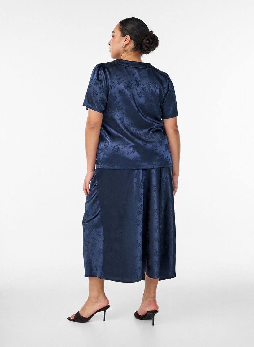 Rock aus Satin mit Ton-in-Ton-Blumenmuster, Blau, Model image number 1