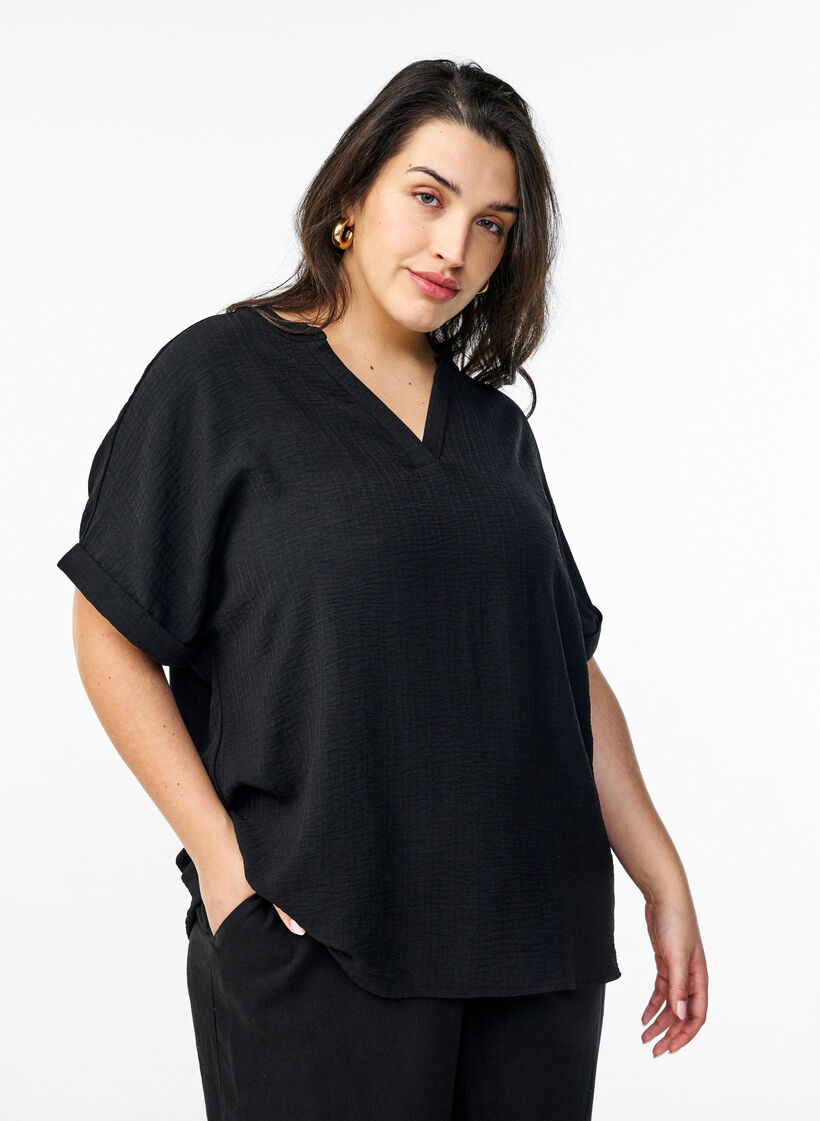 Lockere Bluse mit kurzen &Auml;rmeln, Schwarz, Model image number 0