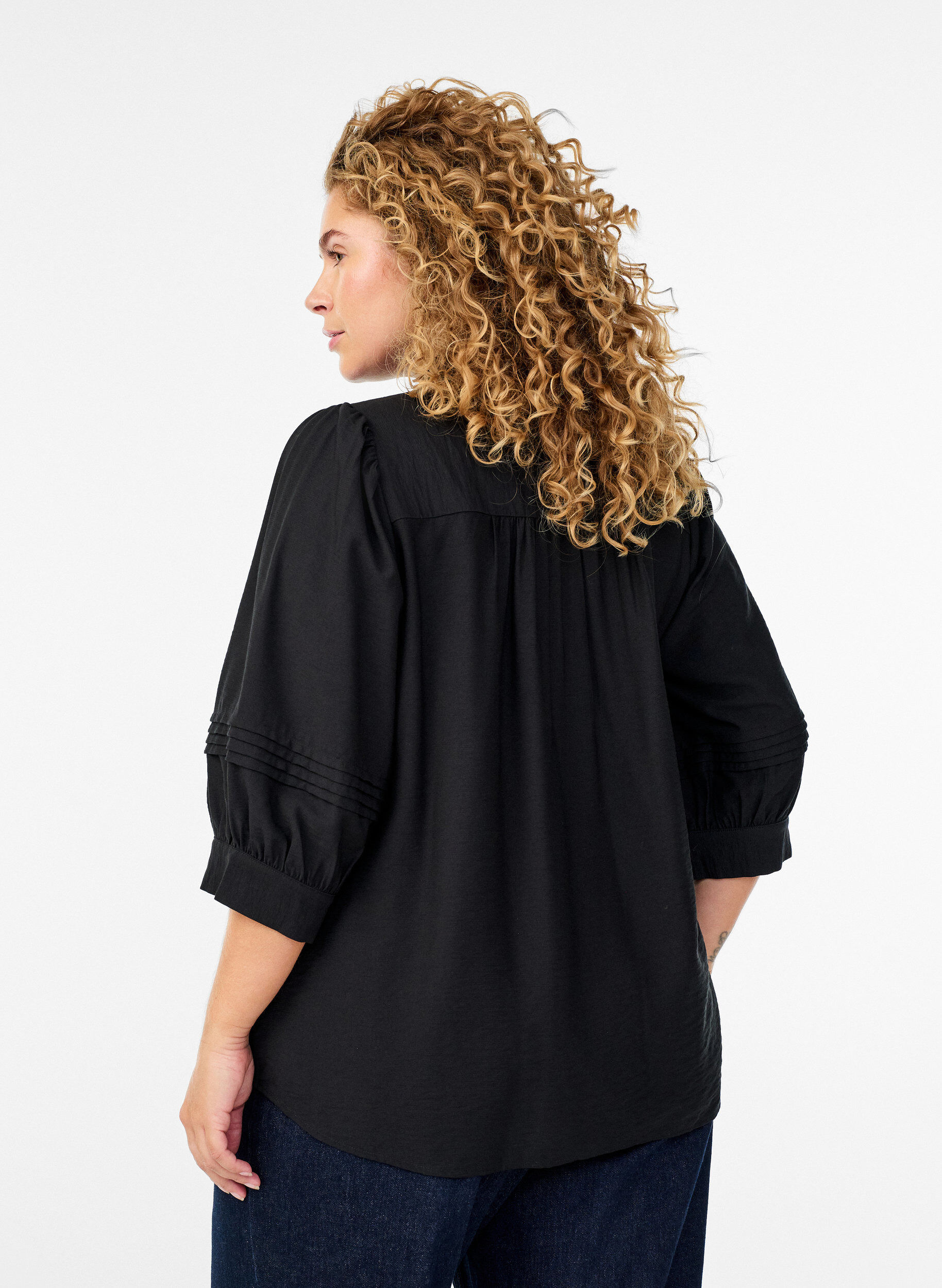 ZizziBluse mit 3/4-&Auml;rmeln und dekorativen Falten, Schwarz, Model image number 2