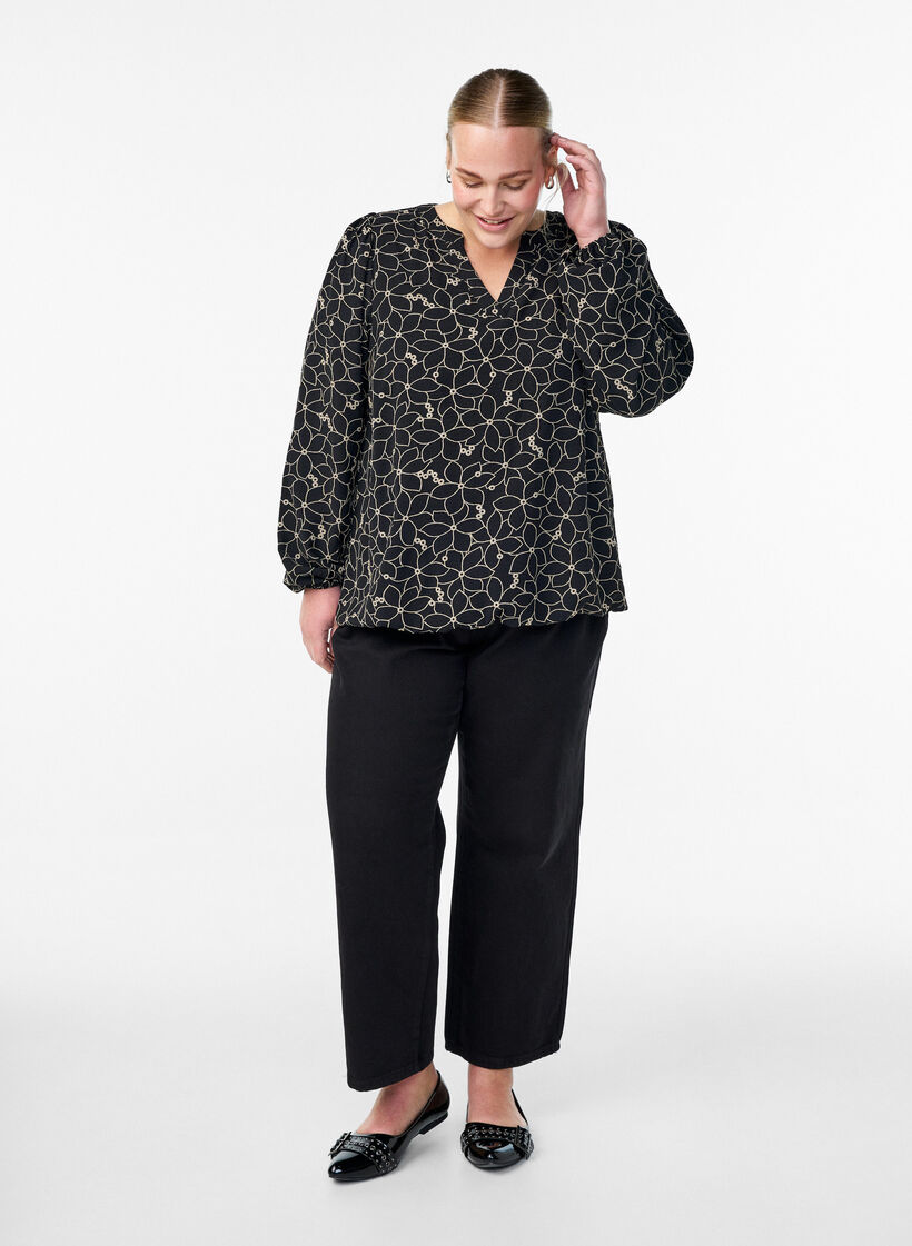 Langärmelige Bluse mit Blumenstickerei, Schwarz, Model image number 1