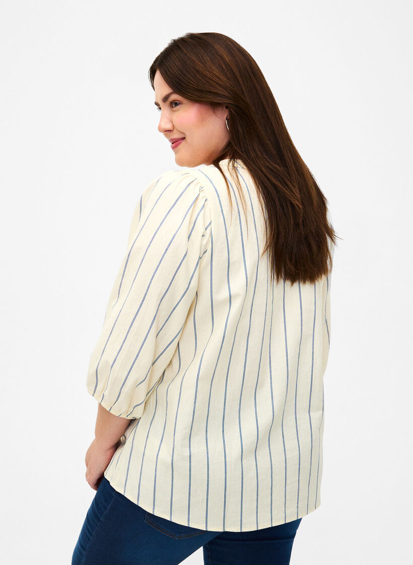  Baumwollbluse mit 3/4-Ärmeln und Streifen, Eggnog Stripe, Model image number 1