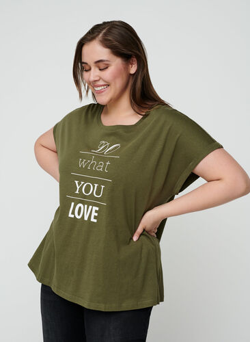 Kurzarm T-Shirt aus Baumwolle mit Print, Ivy green w. Love, Model image number 0