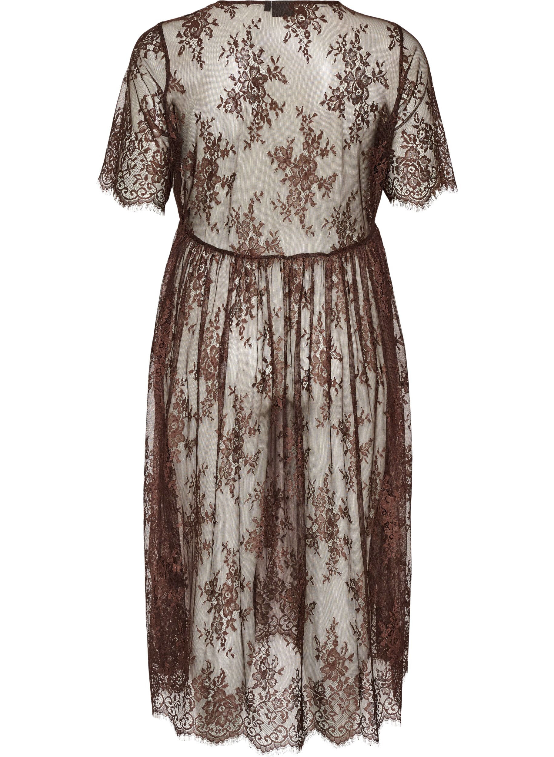 ZizziMidikleid aus transparenter Spitze mit kurzen &Auml;rmeln, Braun, Packshot image number 1