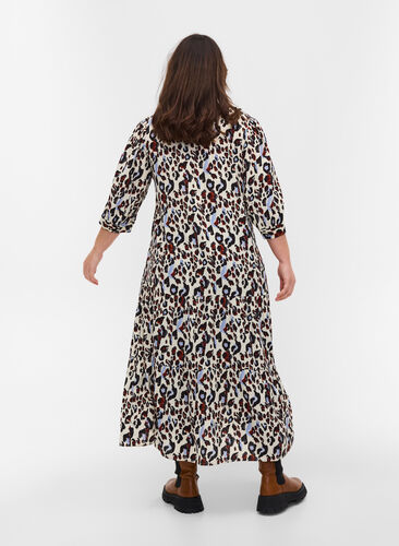 Bedrucktes Kleid mit V-Ausschnitt und 3/4-Ärmeln, White Leo Print, Model image number 1