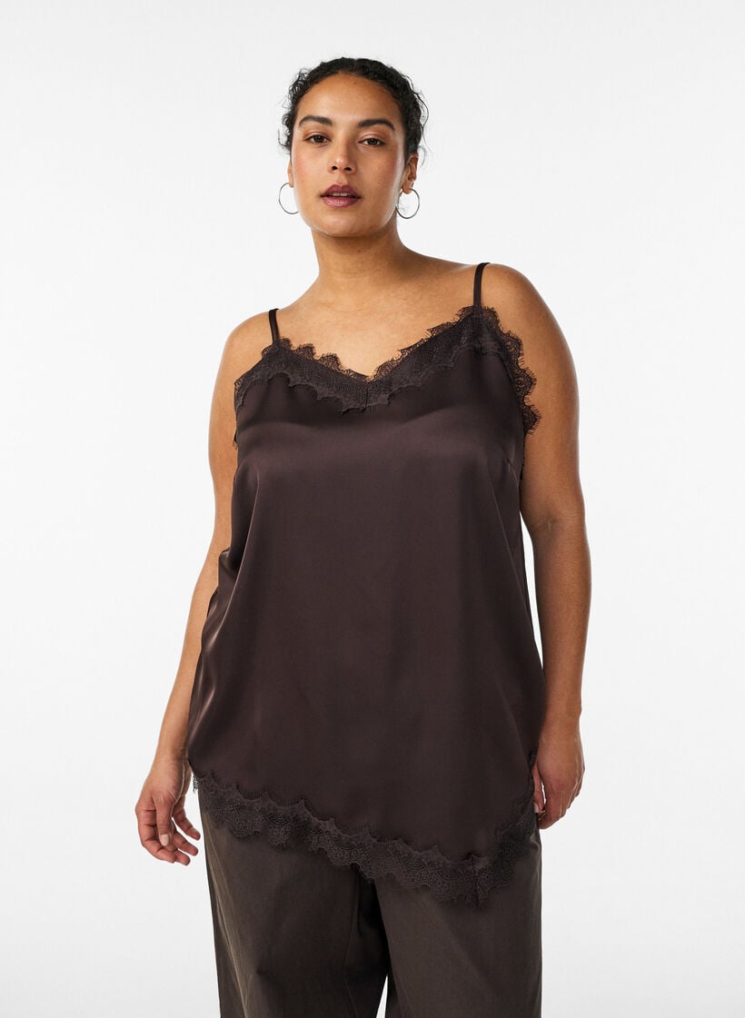 Top aus Satin mit Spitzen und asymmetrischem Saum, Braun, Model image number 0