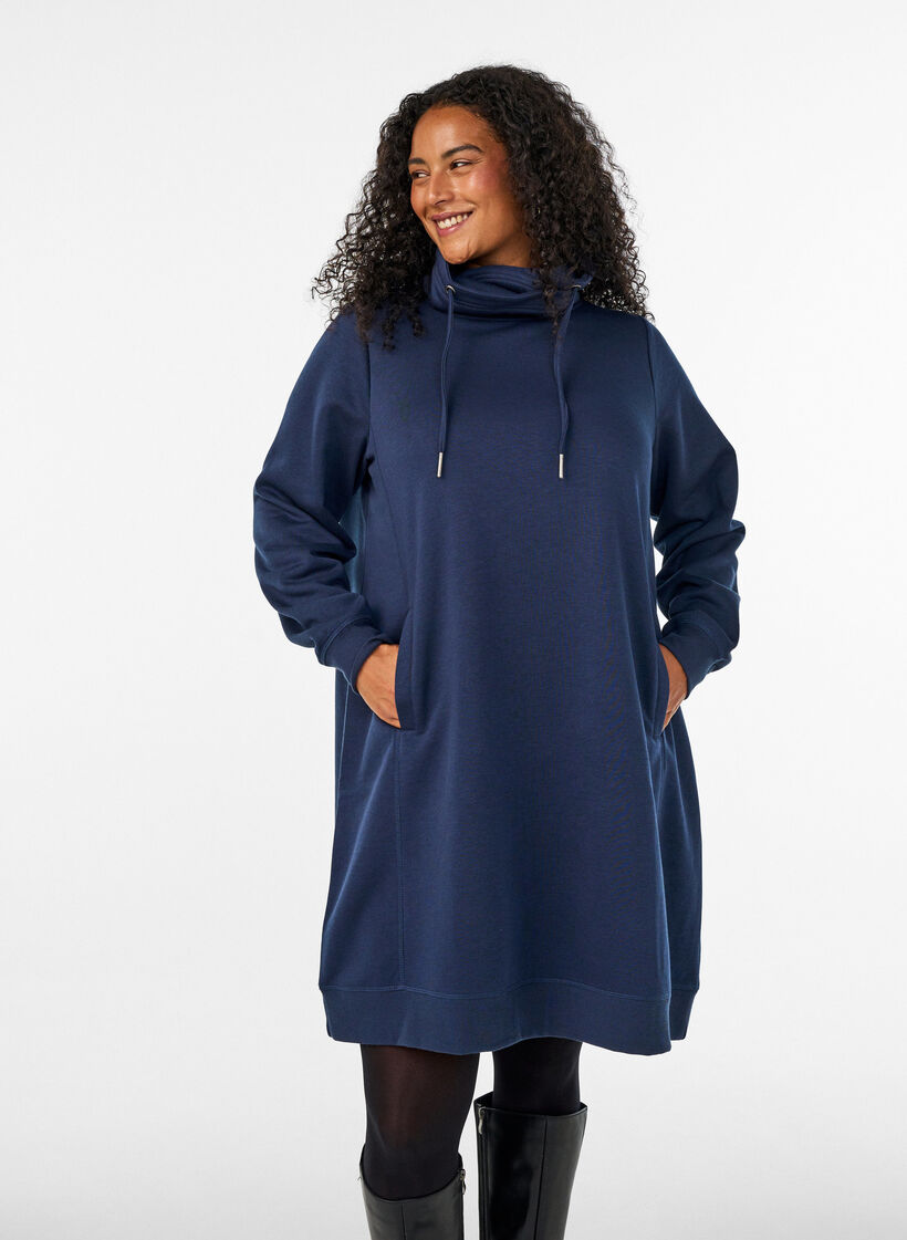 Kurzes Sweatshirtkleid mit Stehkragen und Taschen, Blau, Model image number 0