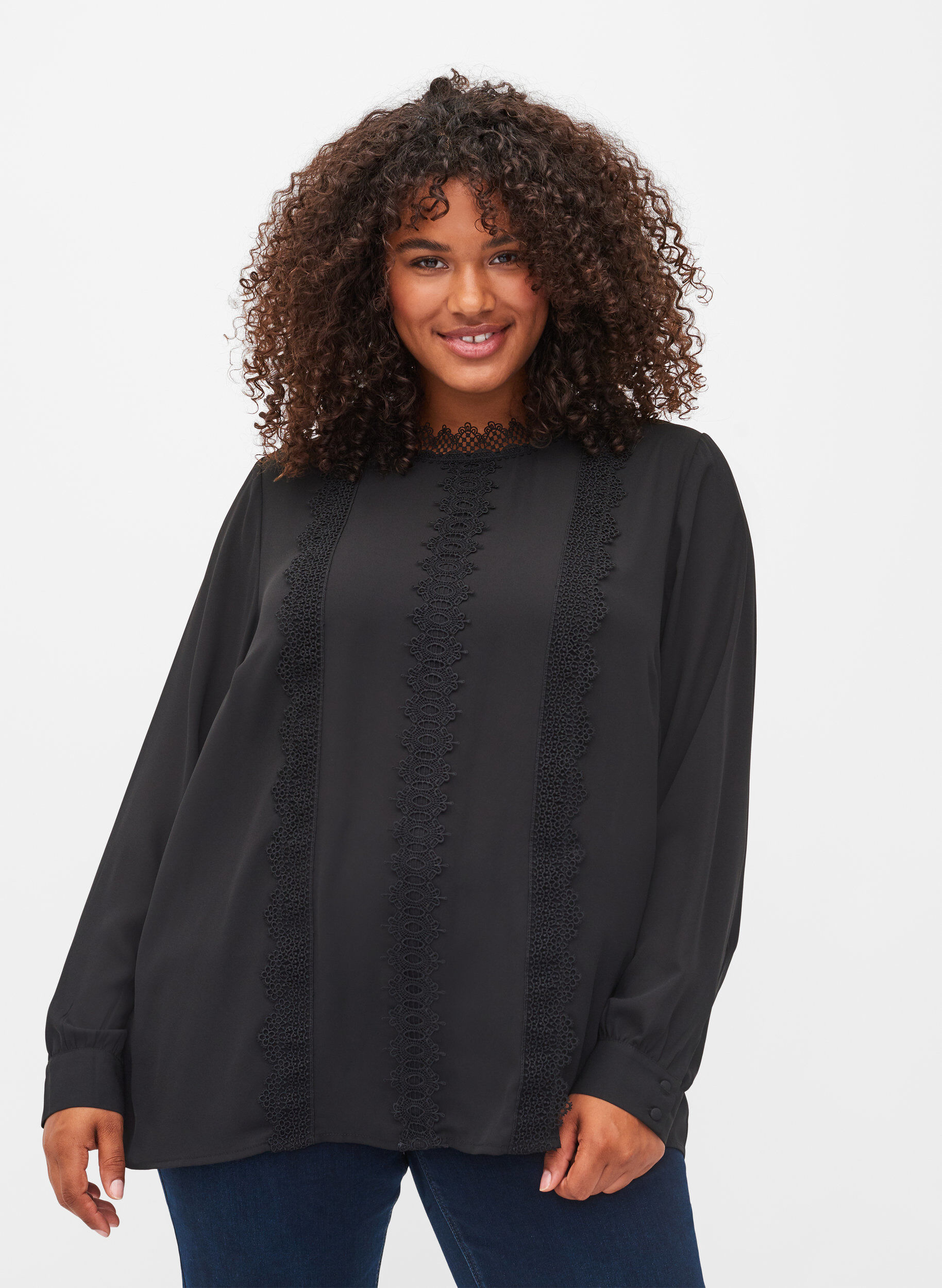 ZizziLang&auml;rmelige Bluse mit Spitze, Black, Model image number 0