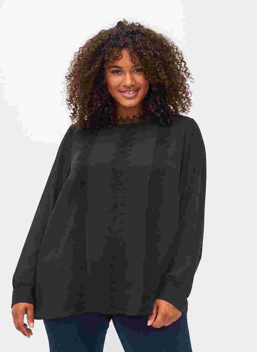 Langärmelige Bluse mit Spitze, Black, Model image number 0