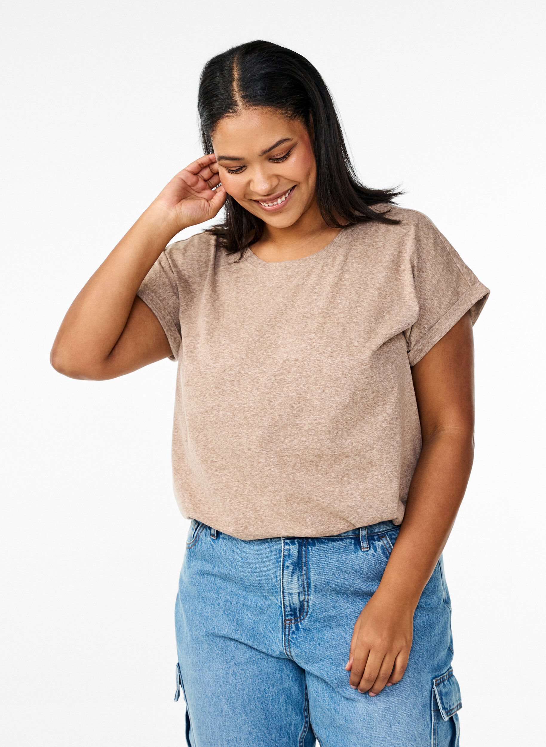 ZizziMelange T-Shirt mit kurzen &Auml;rmeln, Braun, Model image number 0