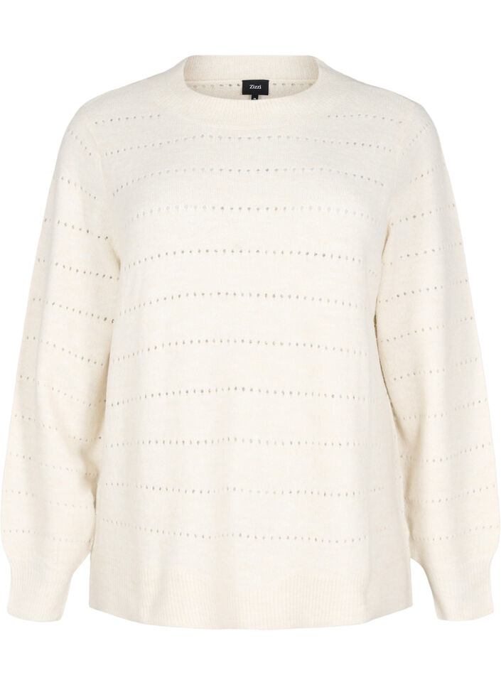 Strickbluse mit Rundhals und Spitzenmuster, Birch Mel., Packshot image number 0