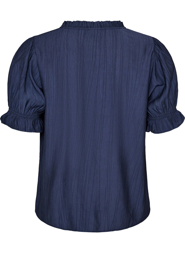 Bluse aus einer gecrinkelten Viskosemischung mit V-Ausschnitt, Blau, Packshot image number 1