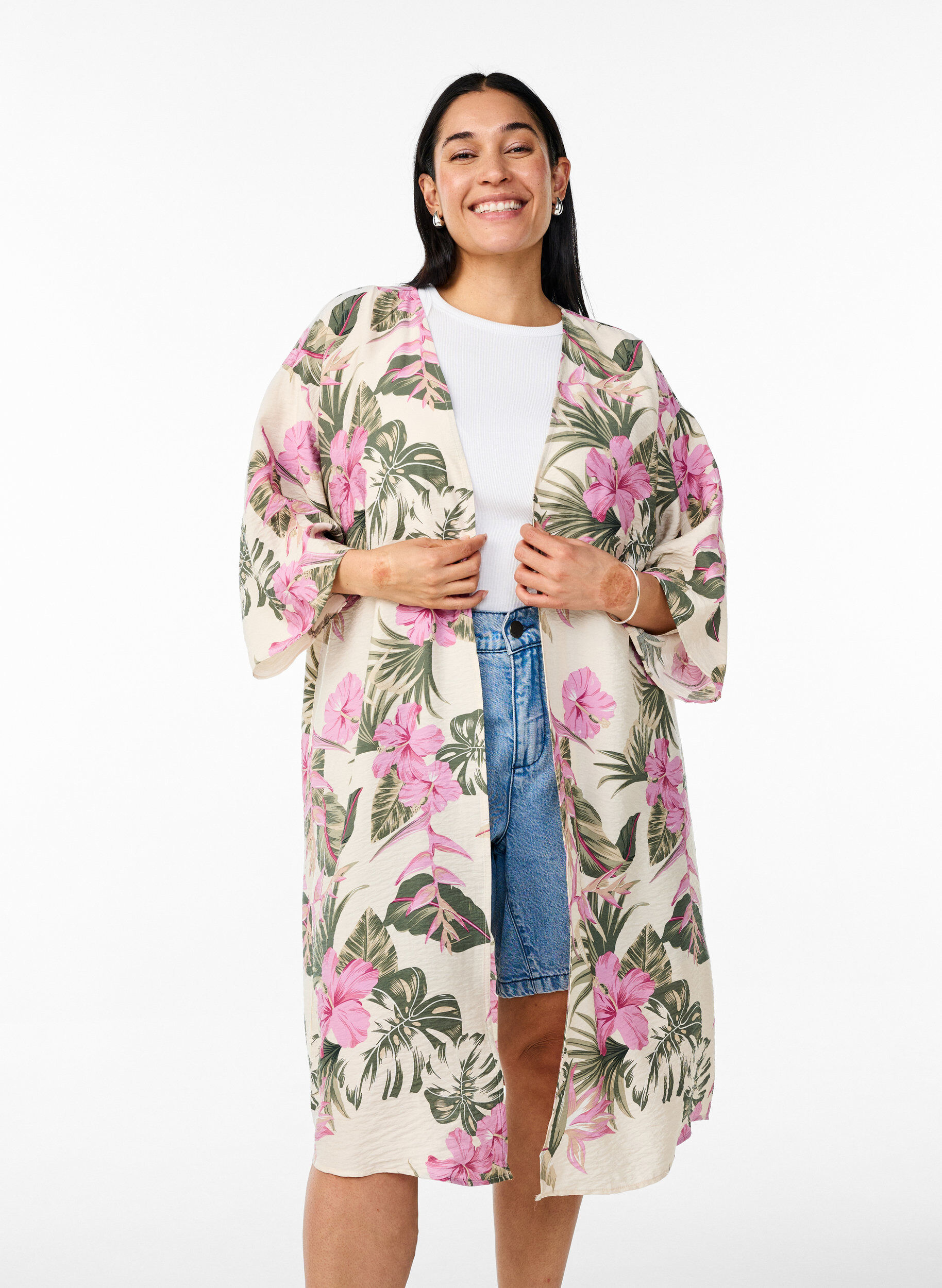 ZizziViskose-Kimono mit 3/4-&Auml;rmeln, Vanille, Model image number 0