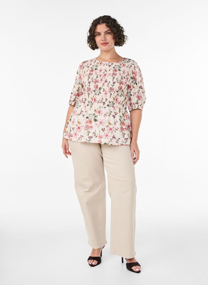 Bluse aus Viskose mit Smock und Peplum-Effekt, Vanille, Model image number 1