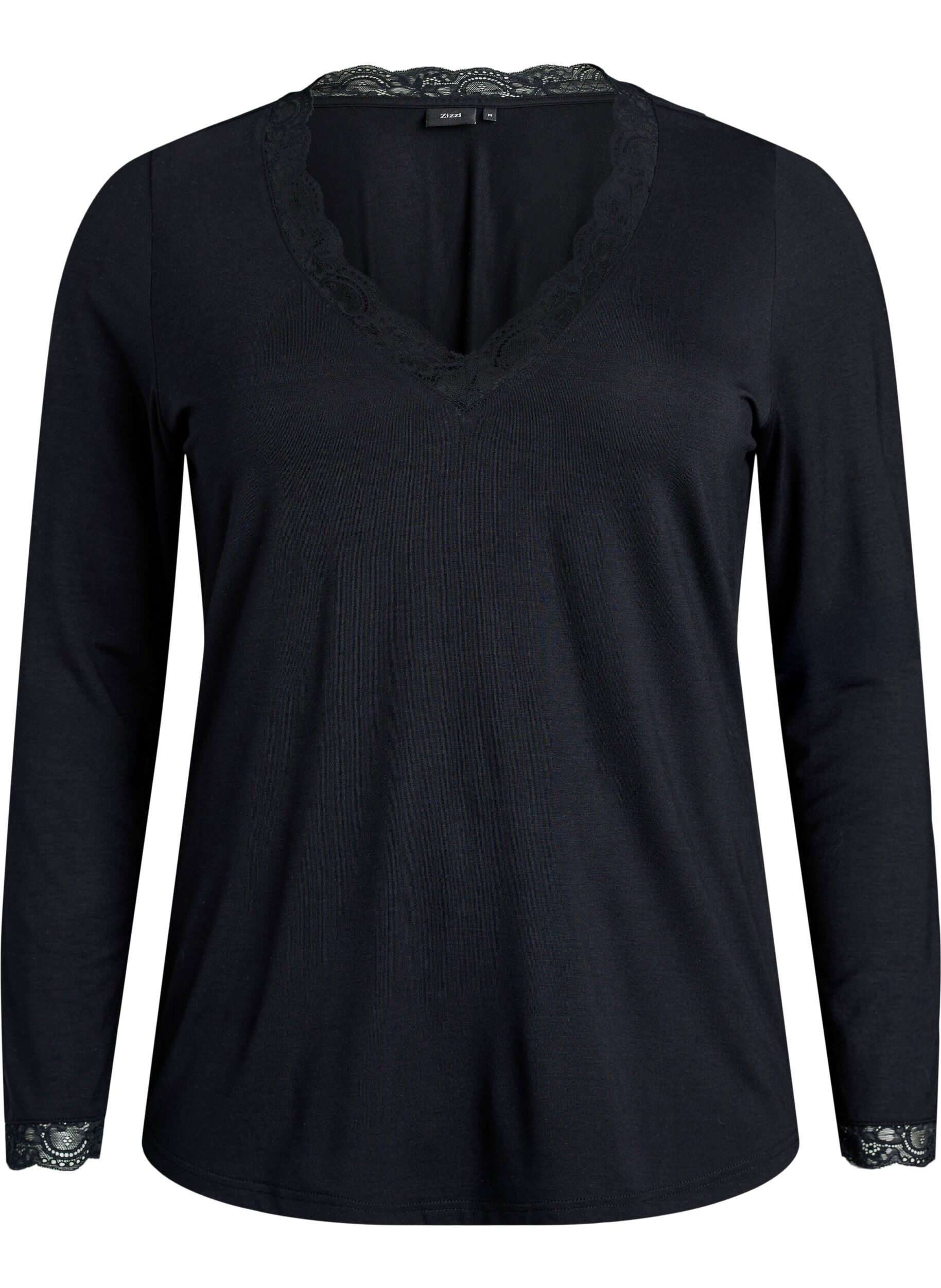 ZizziBluse aus Viskose mit Spitzen und V-Ausschnitt, Schwarz, Packshot image number 0