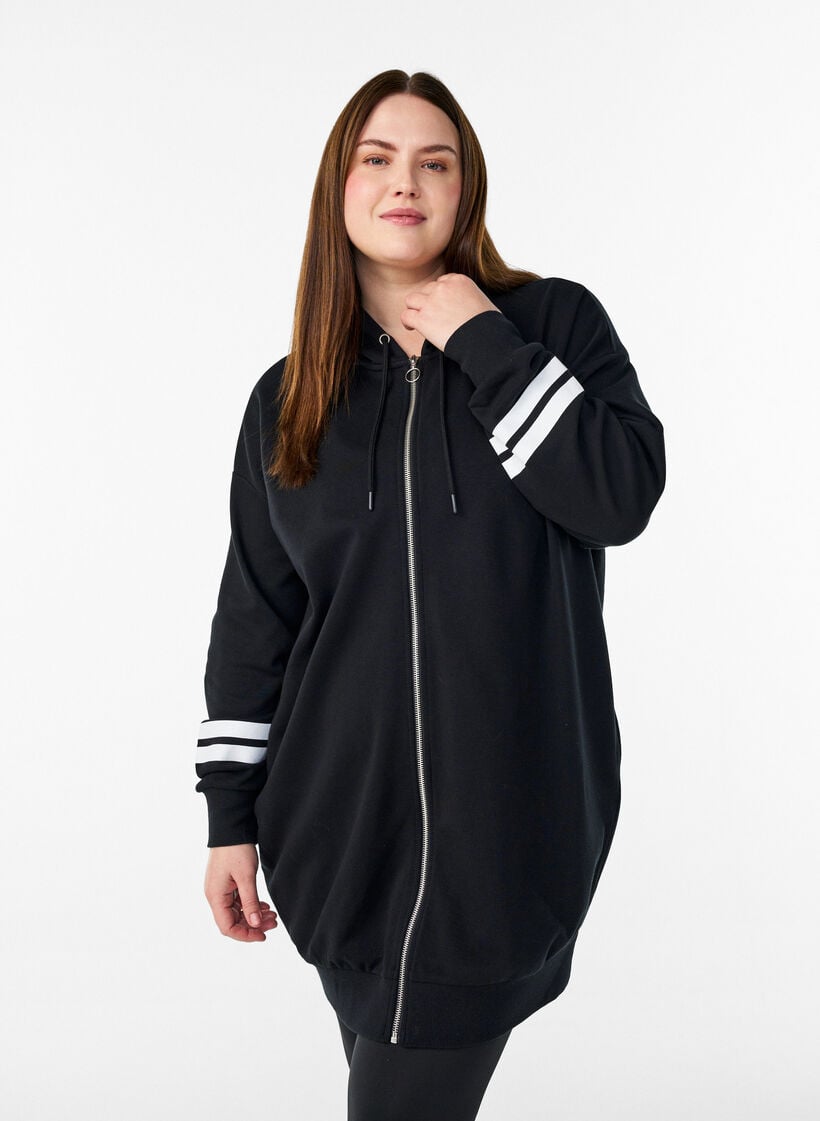 Lange Sweat-Strickjacke mit Printdetails, Schwarz, Model image number 0