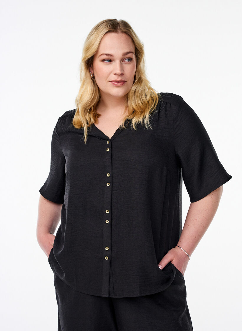Hemdbluse mit V-Ausschnitt und kurzen &Auml;rmeln, Schwarz, Model image number 0