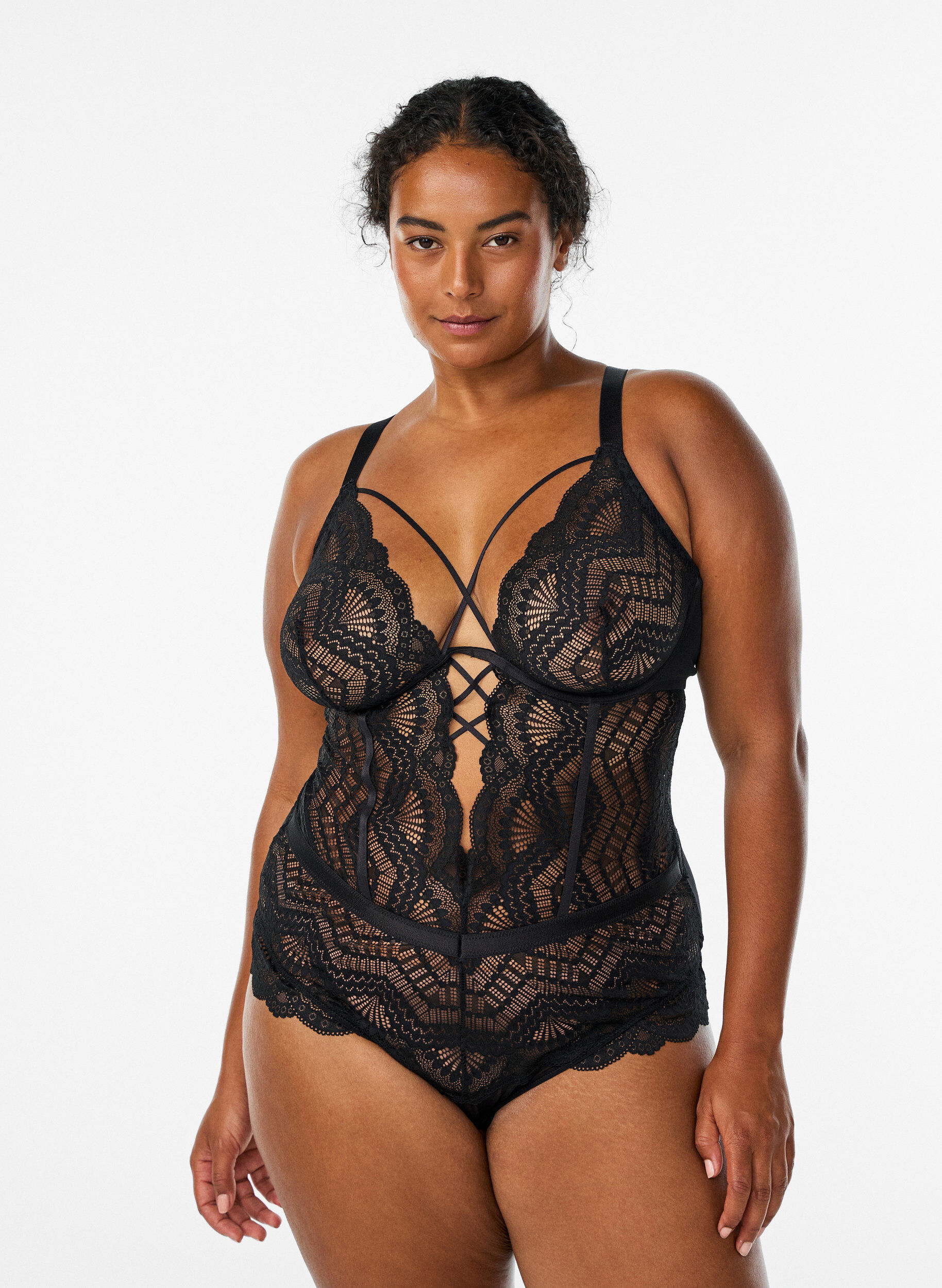 Spitzenbody mit Schn&uuml;rdetails, Schwarz, Model