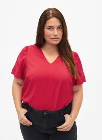  Kurzarm-Bluse aus Viskose mit Stickerei, Tango Red, Model