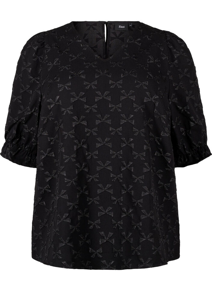 Kurzärmelige Jacquard-Bluse mit Schleifen, Black W. Bow, Packshot image number 0