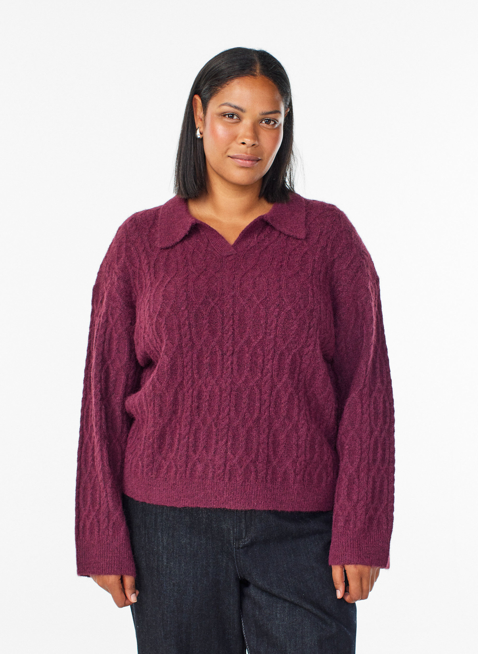ZizziZopfmusterpullover mit Polokragen, Dunkles Bordeaux, Model image number 0