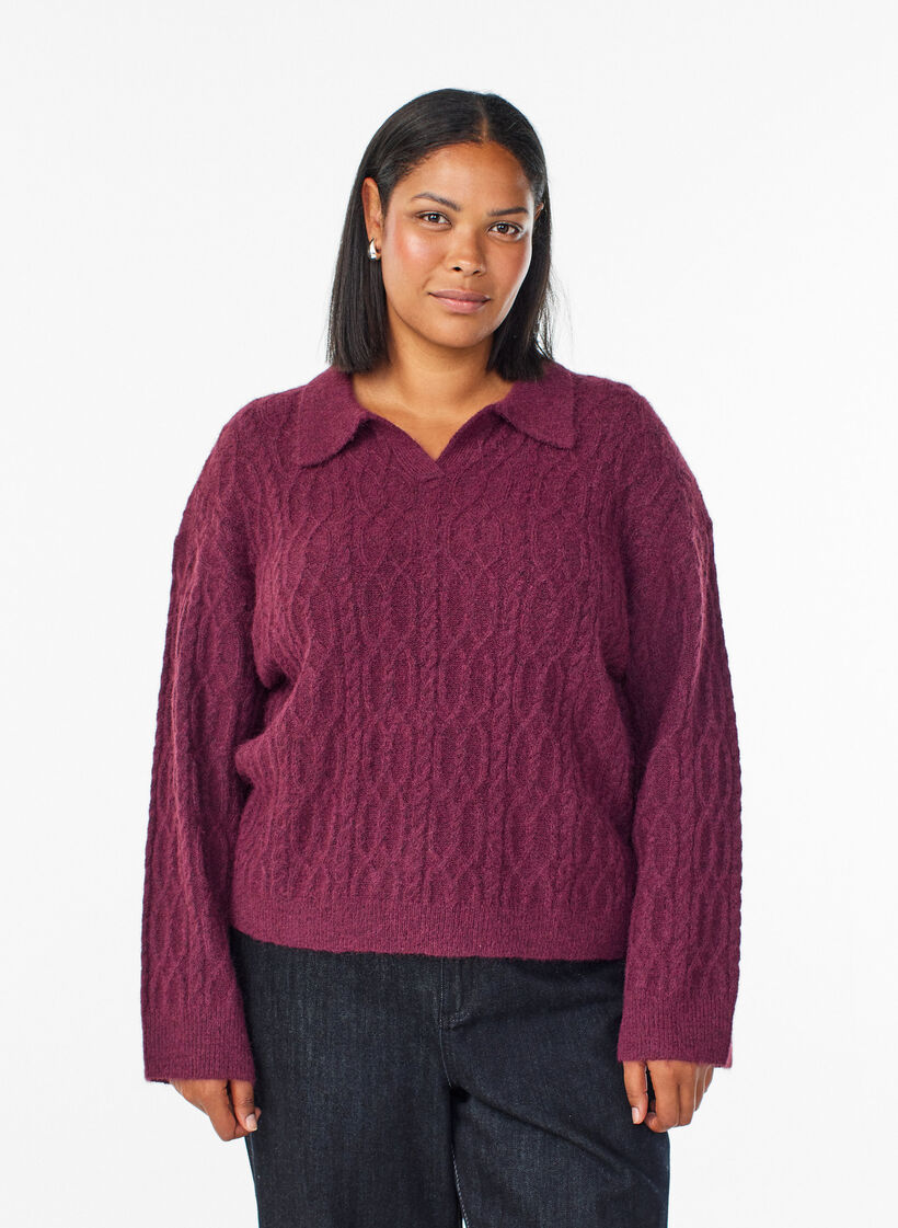 Zopfmuster-Pullover mit Polokragen, Dunkles Bordeaux, Model image number 0