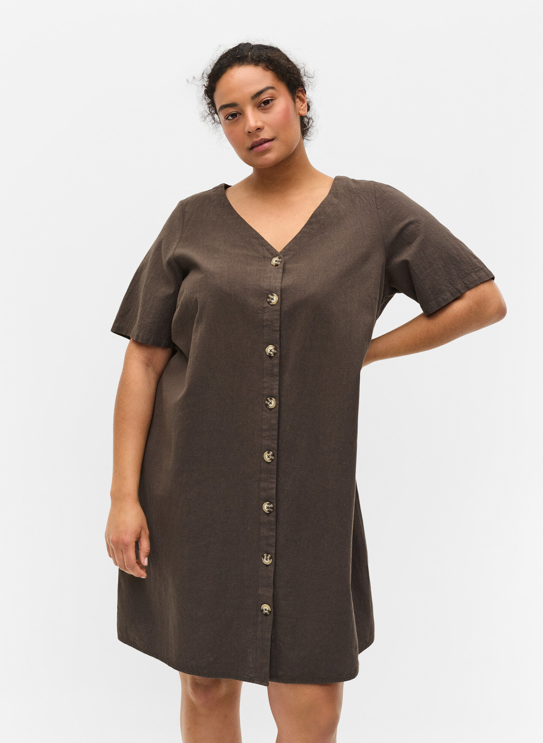 ZizziKurzarm Kleid aus Baumwolle mit Kn&ouml;pfen, Khaki Green, Model image number 0