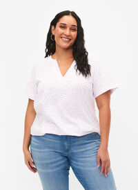Baumwoll-T-Shirt mit Punkten und V-Ausschnitt, B.White/S. Pink Dot, Model