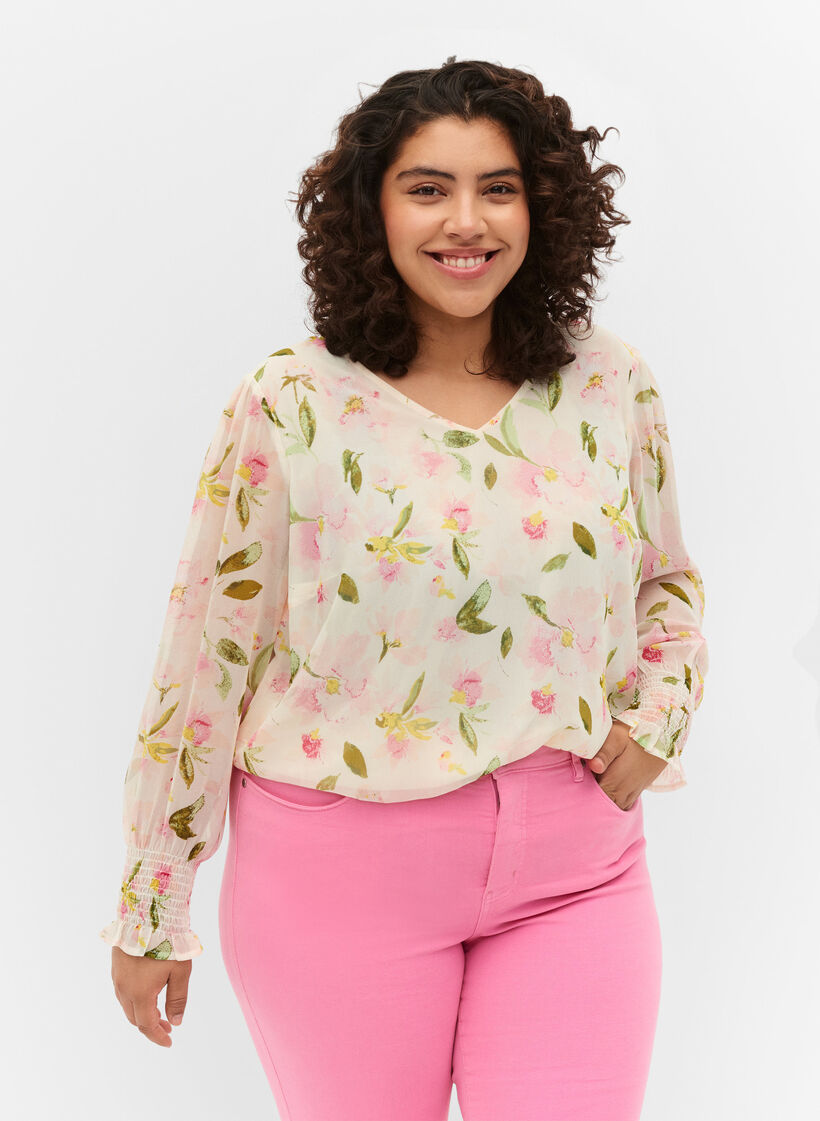 Geblümte Bluse mit langen Ärmeln und V-Ausschnitt, White/Pink Flower, Model image number 0